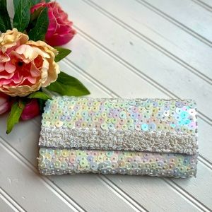 VINTAGE OPALESCENT BEADED PROM COCKTAIL PARTY CLUTCH - SATIN- 1960’s